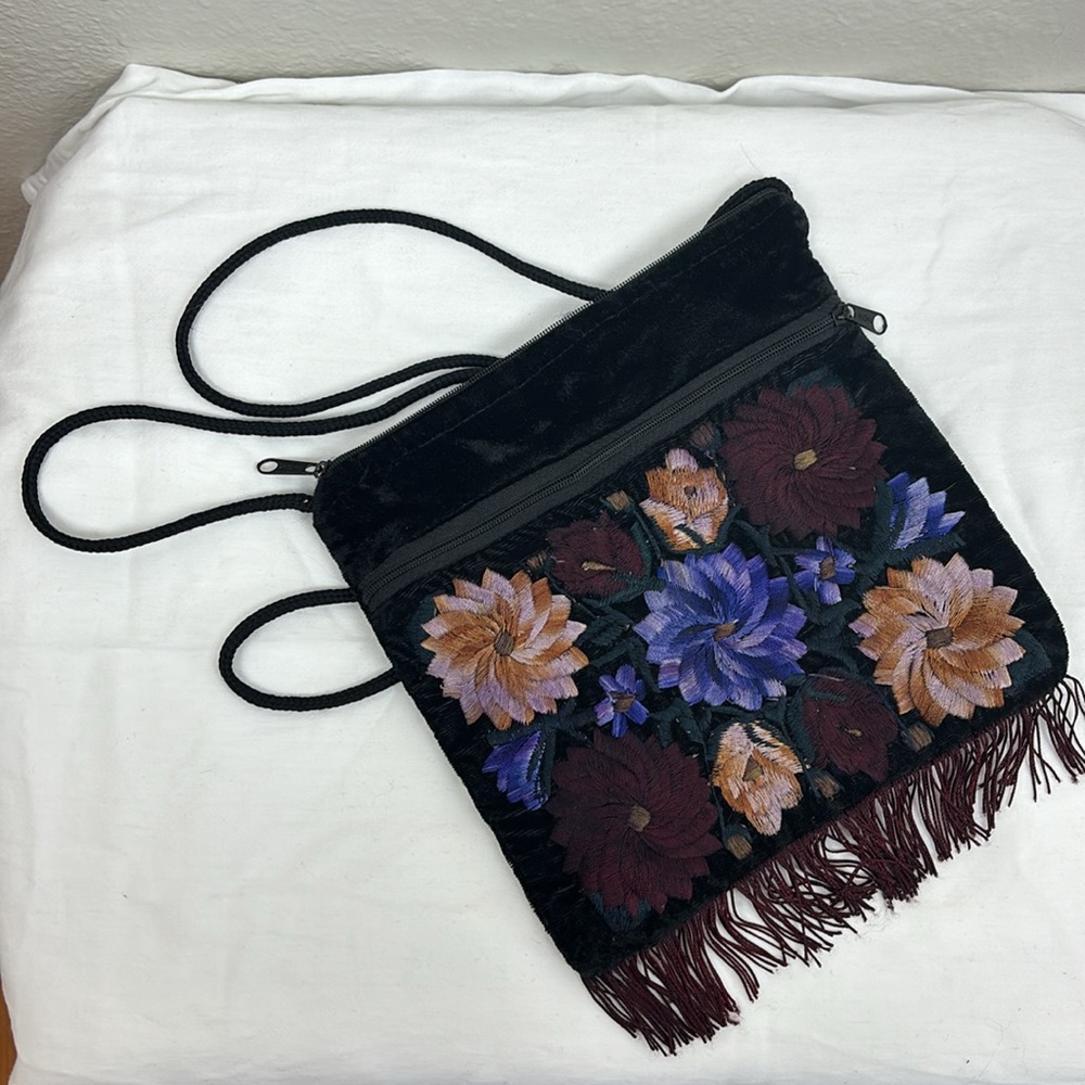 Vintage Black Crossbody Purse with Purple Floral Embroidery Velour With Fringe